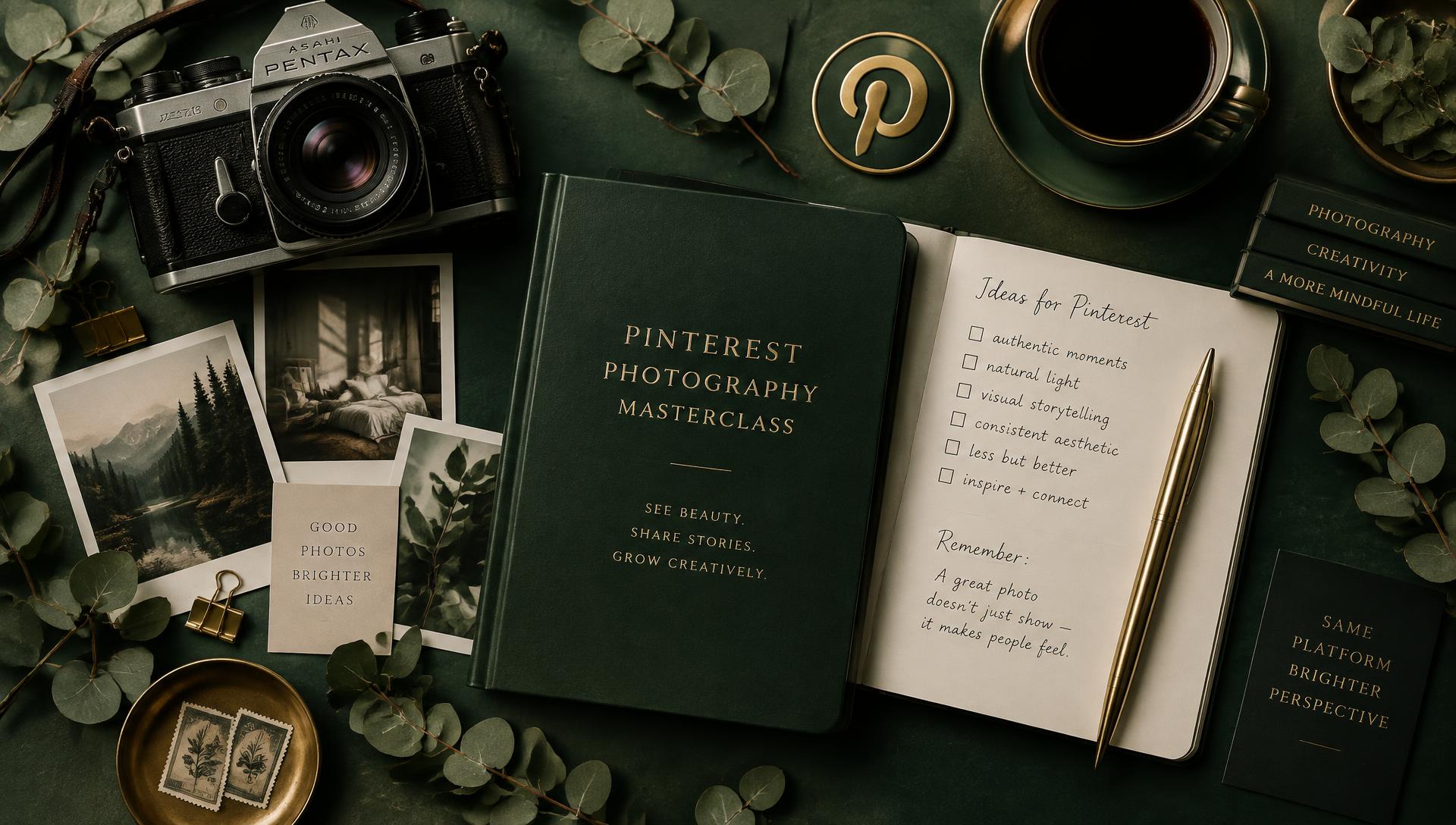 Mood board elegante com câmera vintage, fotografias e elementos dourados sobre fundo verde escuro